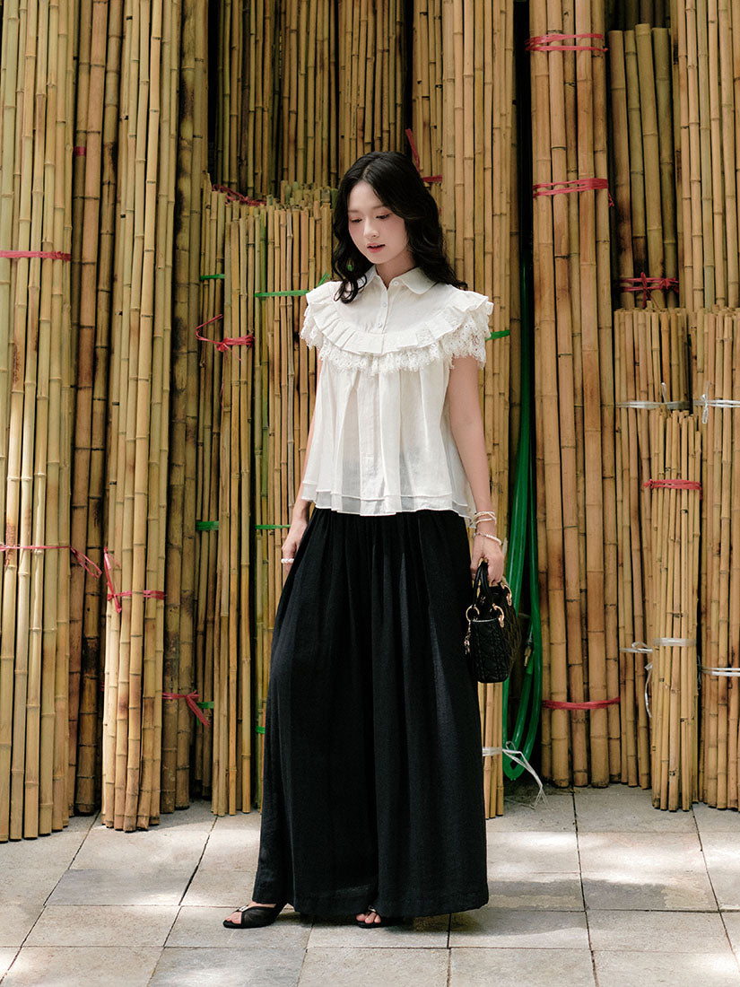Pin Pleated Waist Wide Leg Pants