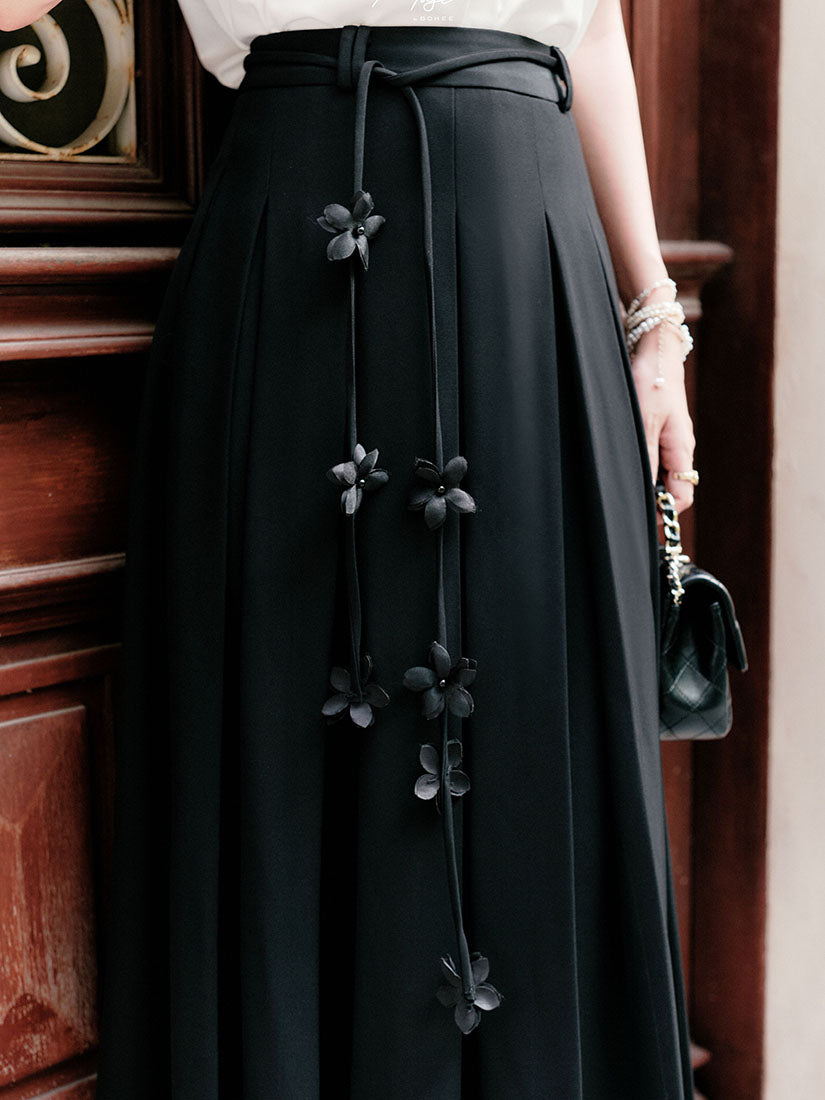 Floral Belted Pleated Maxi Skirt
