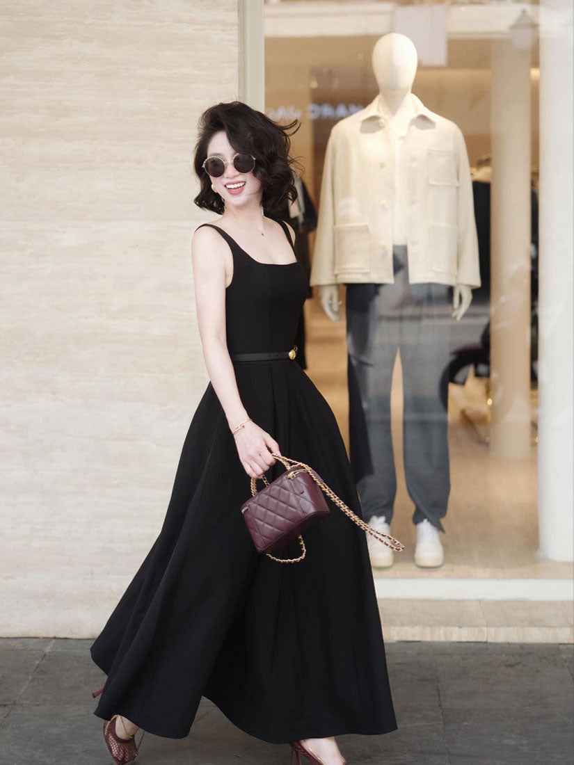 Square Neck Strap Pleated Flare Dress - Black
