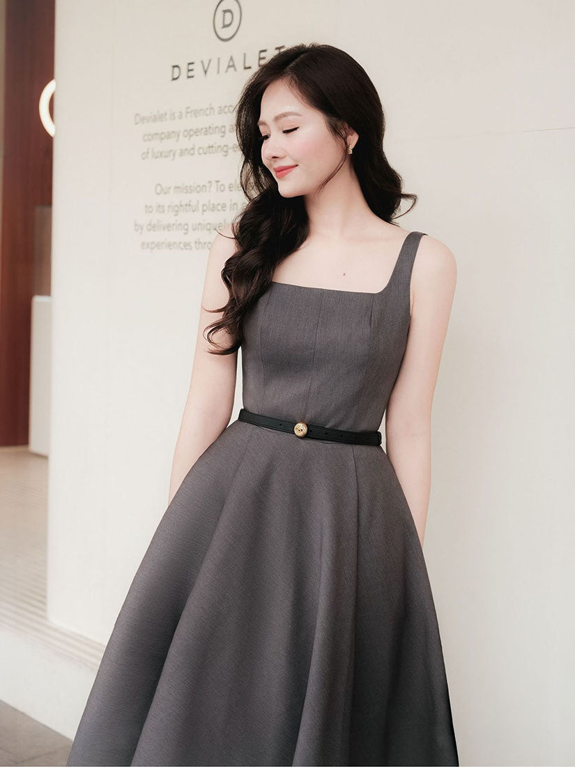 Square Neck Strap Pleated Flare Dress - Grey
