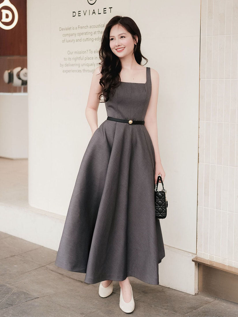 Square Neck Strap Pleated Flare Dress - Grey
