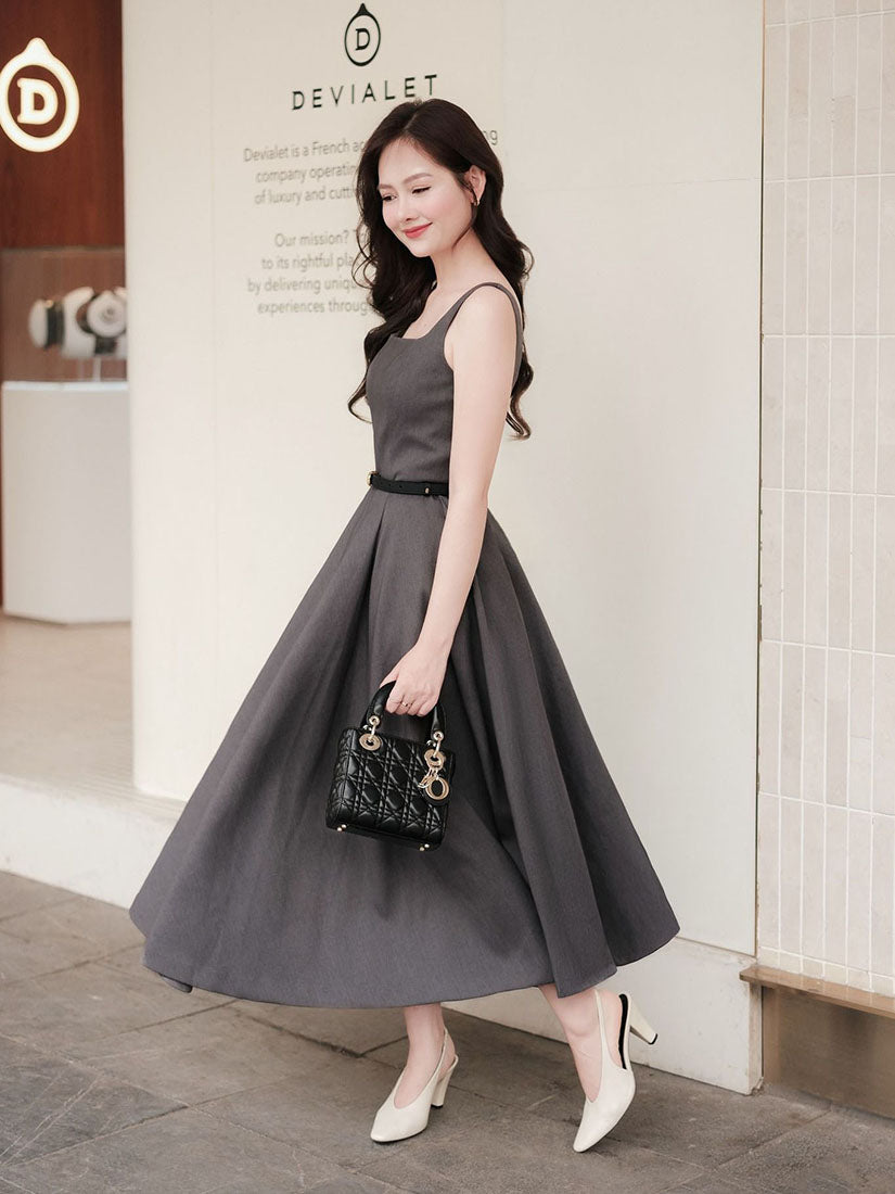 Square Neck Strap Pleated Flare Dress - Grey