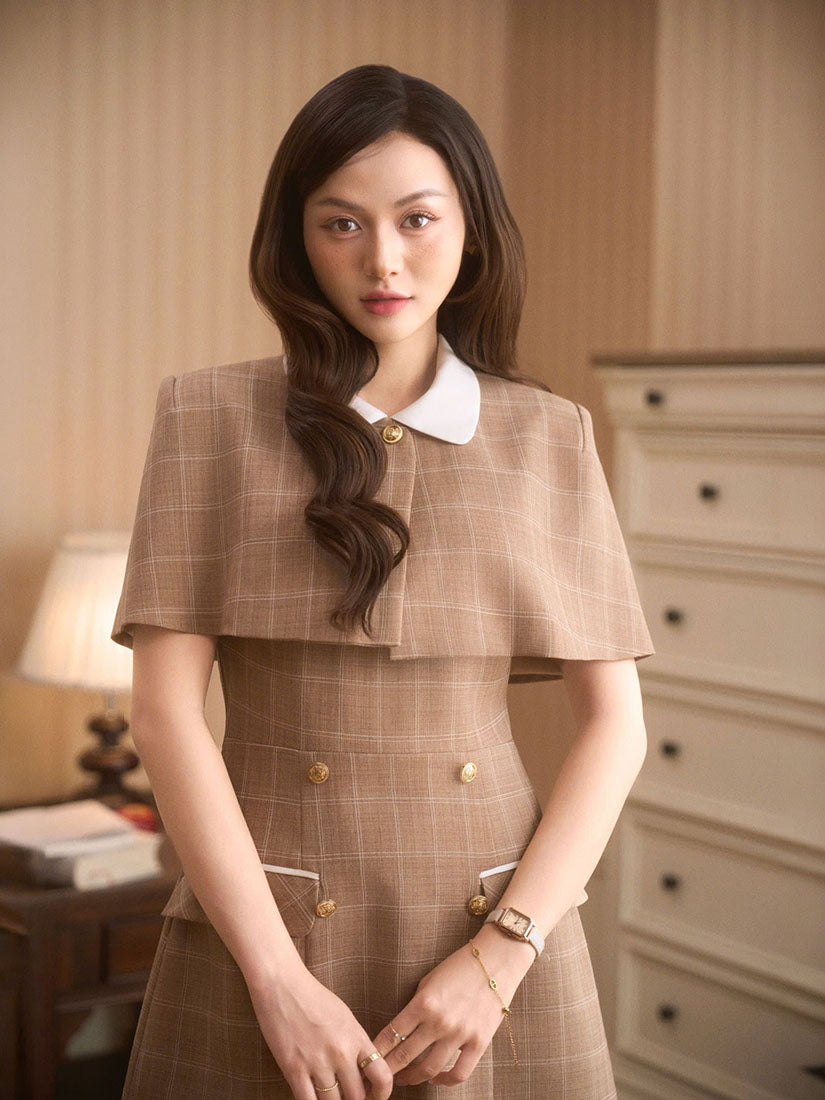 Contrast Piping Plaid Vest Dress With Cape