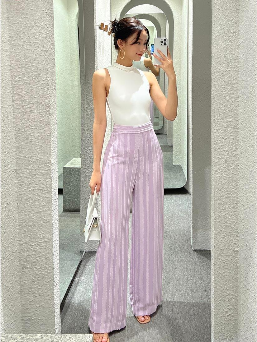 Lilac Textured Stripe Wide Leg Pants - :BE/NOTABLE/