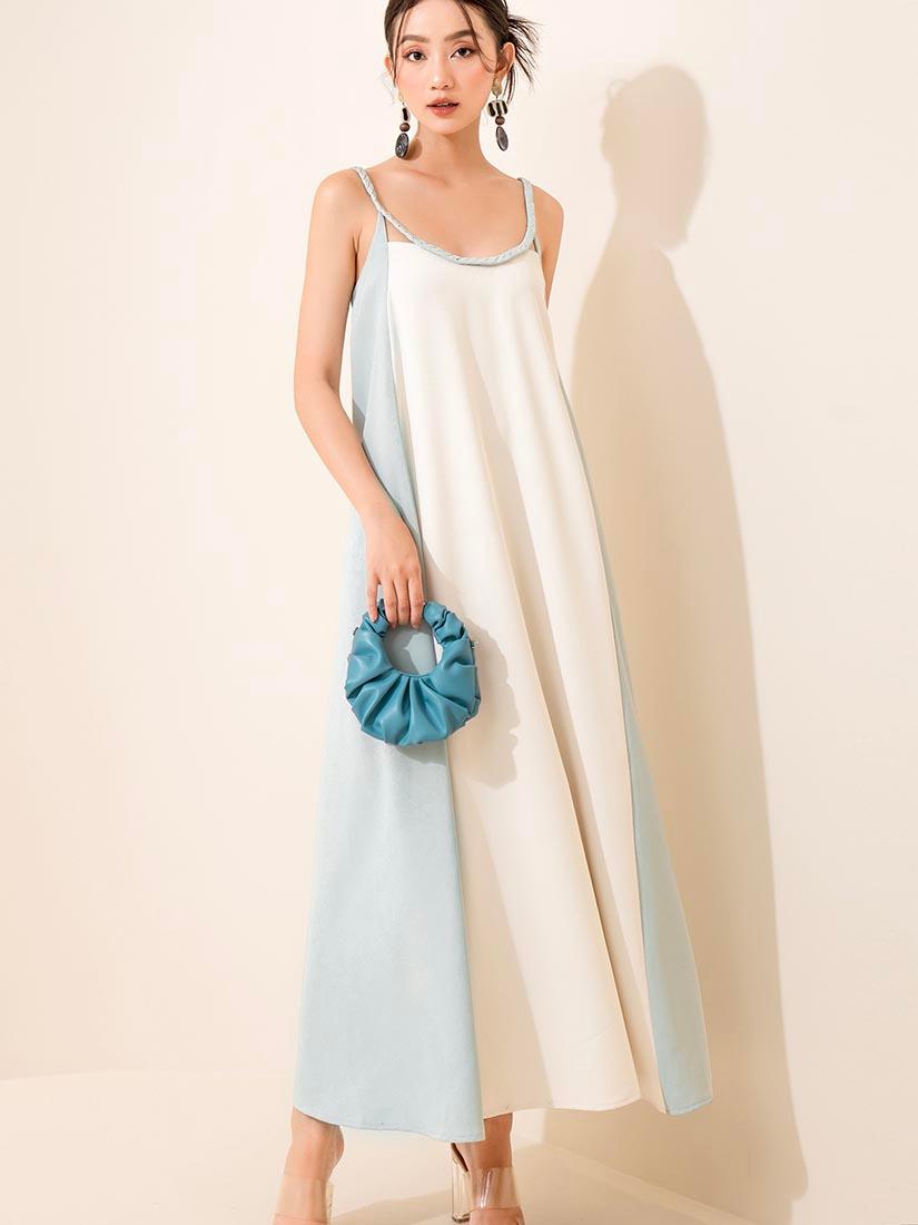 Pale Blue Embroidered Strap Colourblocked Dress - :BE/NOTABLE/